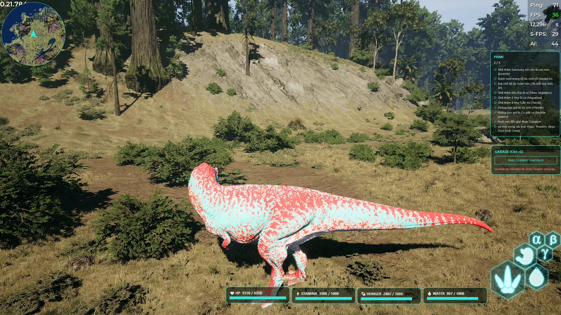 Overlay trong game Dino Saigon hiển thị minimap, thông số khủng long và kỹ năng